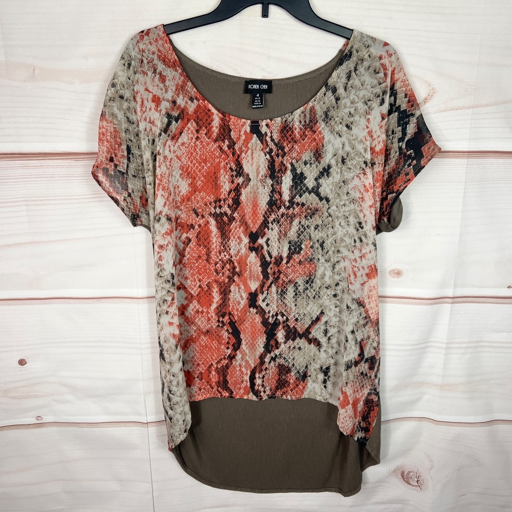 Ronen Chen Top Womens 4 US 12 Brown Snakeskin Print Blouse Short Sleeve Pullover